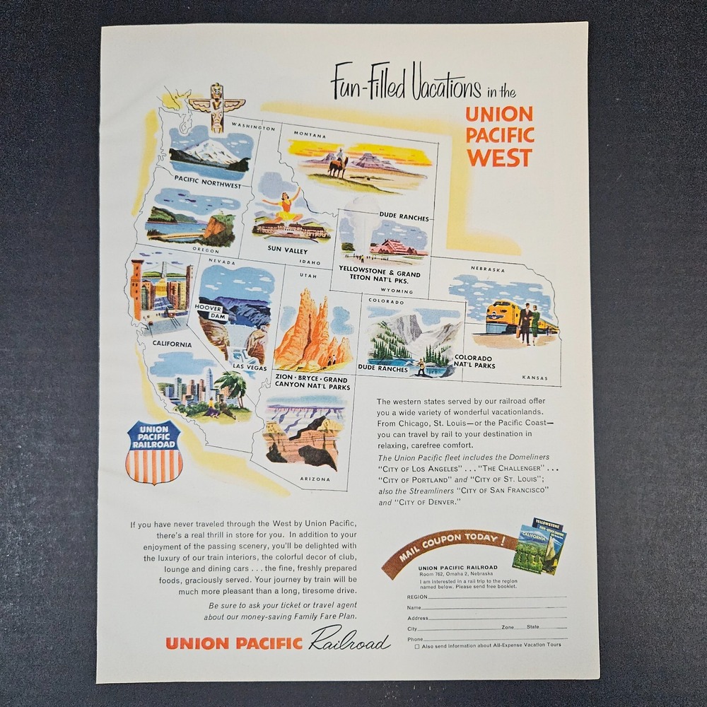 1957 Union Pacific West Railroad Vintage Print Ad Omaha NE Travel Vacation Tours